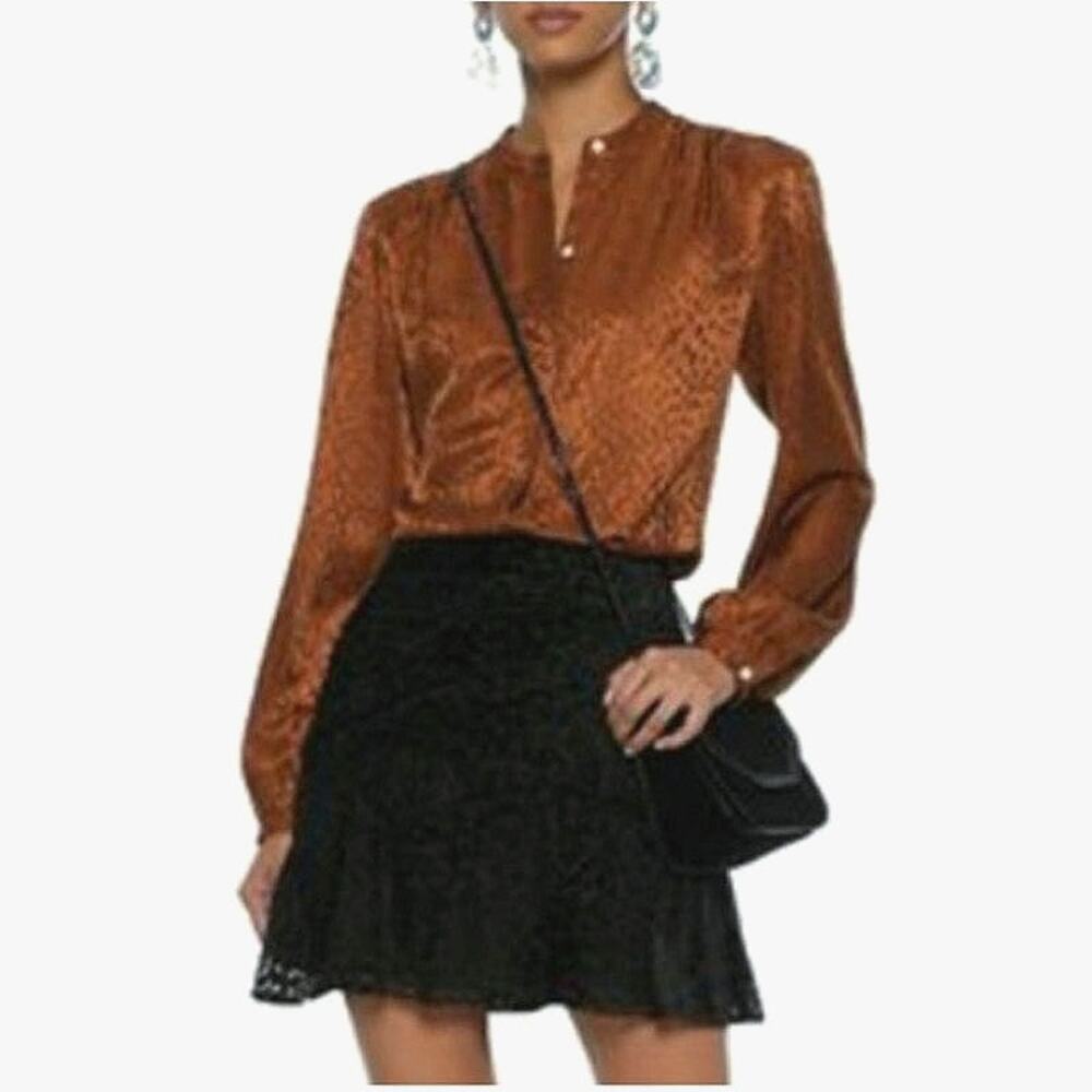 ALC Silk Animal Print Blouse Mandarin Collar Long Sleeve Chic Button Down Work 8 - Picture 12 of 16